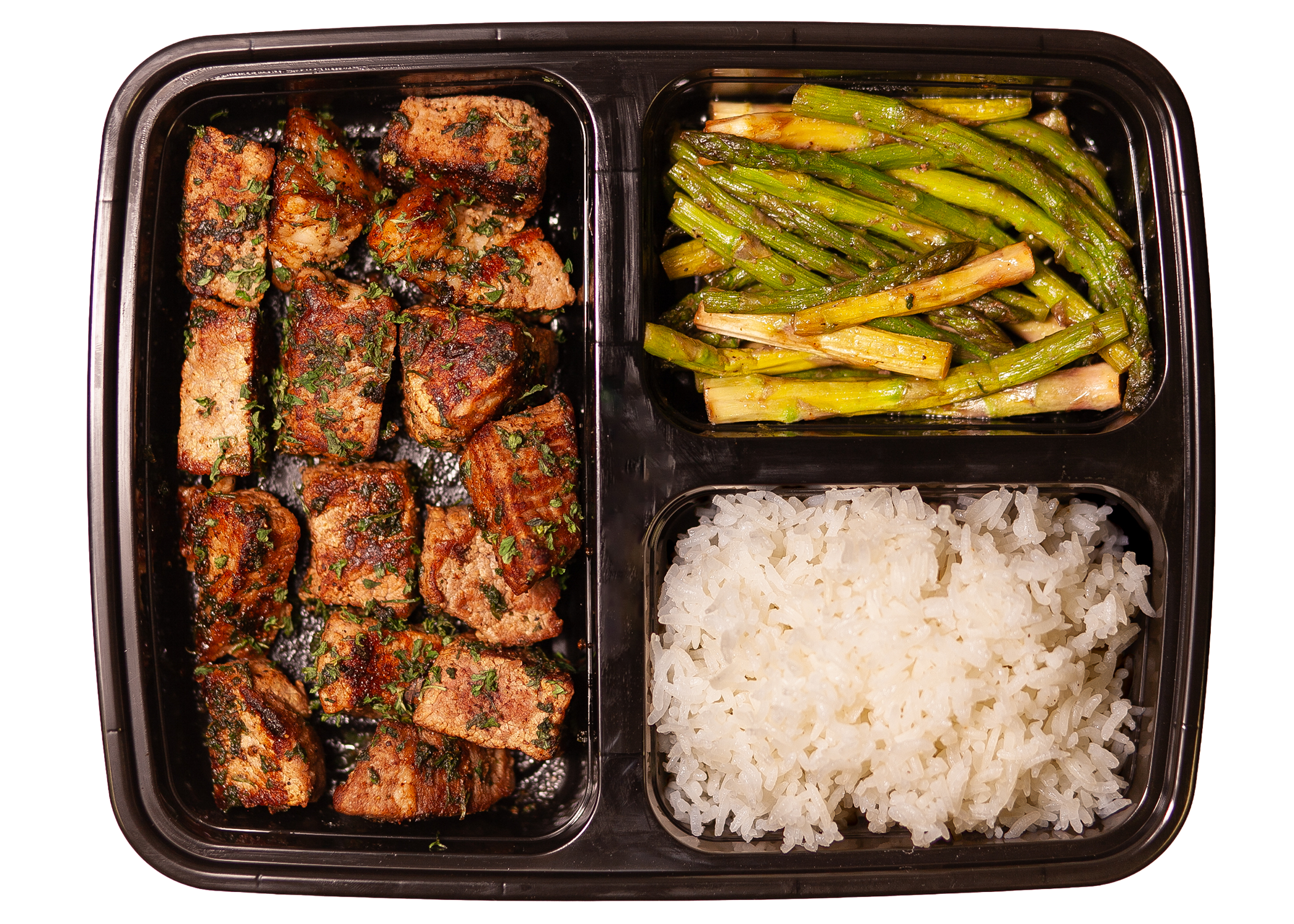 Seared Steak Bites w/ Rice & Asparagus