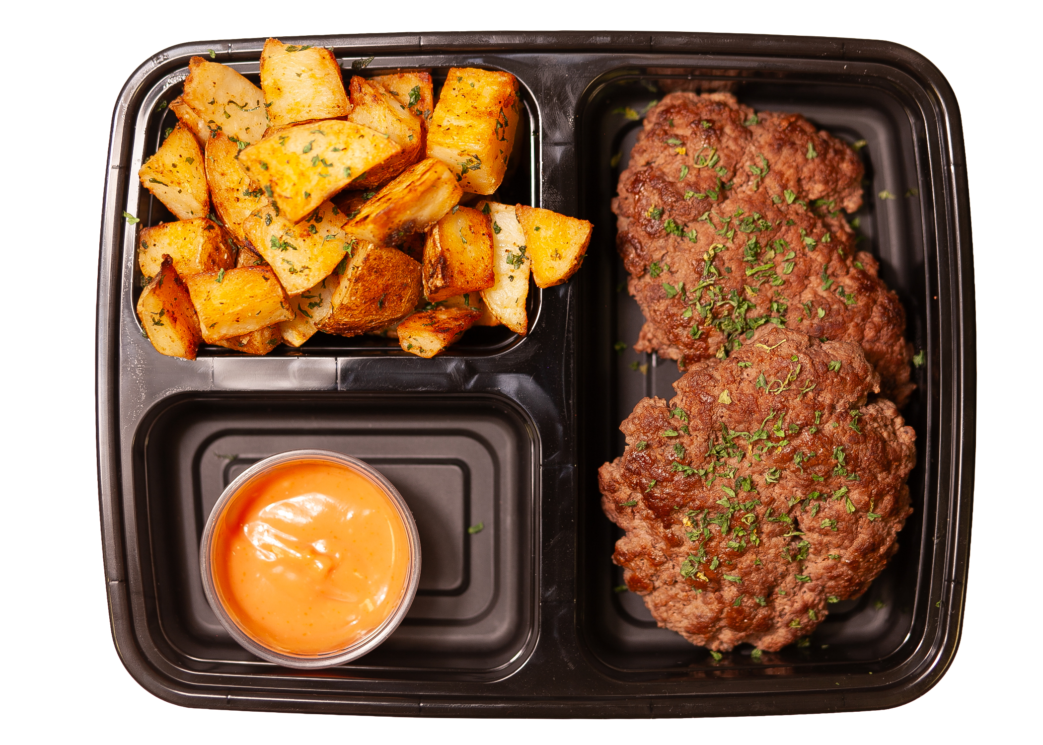 Seasoned Beef Patties w/ Potatoes & Savor Sauce